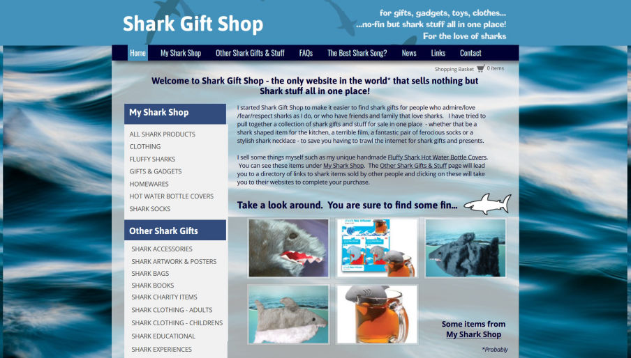 Frontpage screen grab of Shark Gift Shop website